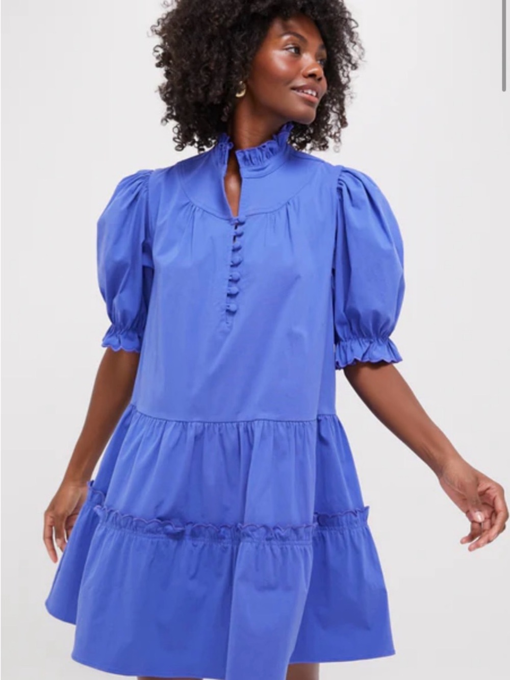 Pomander Place Azure Blue Ruffled Neck Mini Dress - Picture 2 of 10